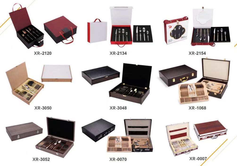 A collection of vibrant color boxes and elegant gift boxes for cutlery sets on a retail shelf