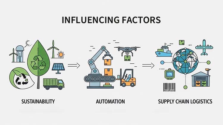 An infographic showing icons for sustainability, automation, and supply chain logistics