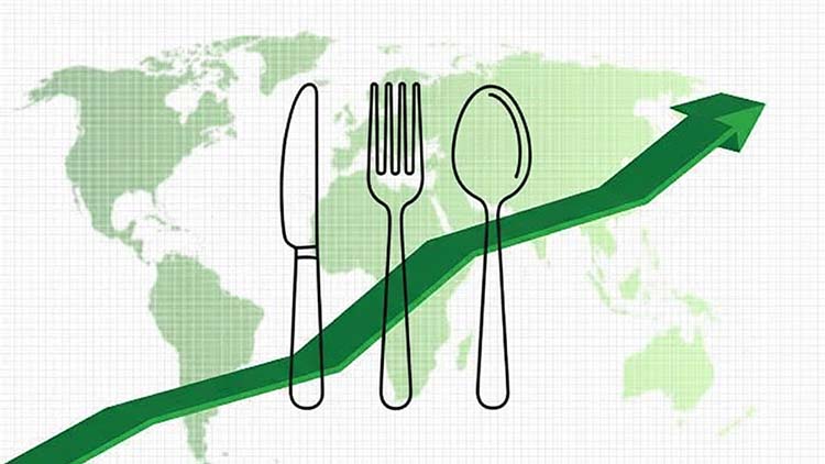 A dynamic collage showing various cutlery designs, global market maps, and factory automation