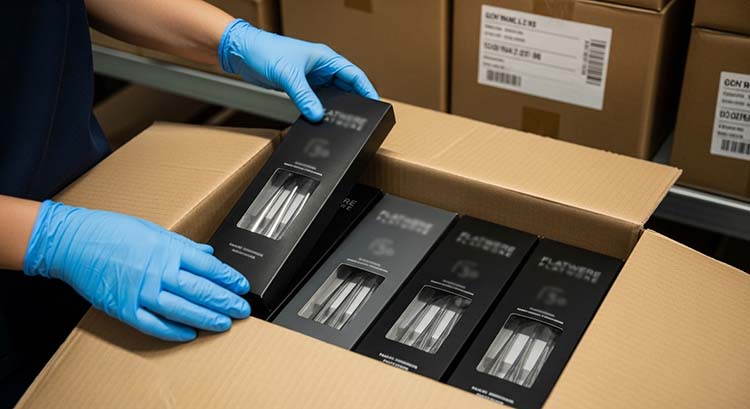 An inspector conducting a final inspection on a table of randomly selected, packaged flatware sets