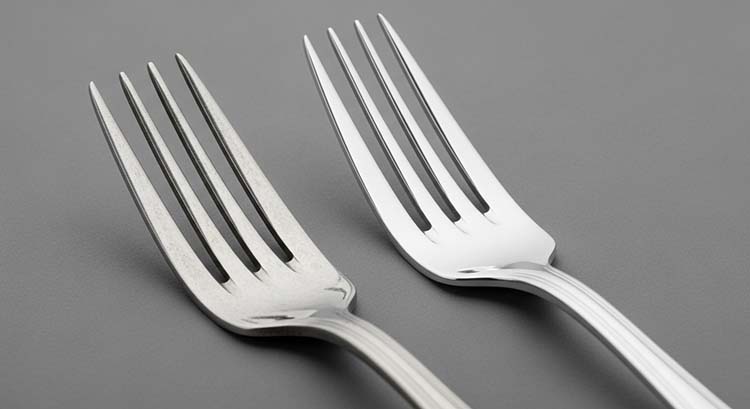 Two forks from the same product line but different batches, showing visible differences in polish and thickness
