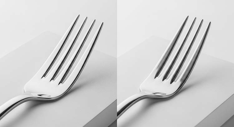 Sample vs. Mass Production Flatware A side-by-side comparison of a perfect sample fork and a slightly thinner, mass-produced version