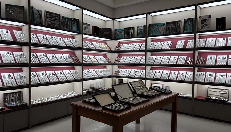 A shelf in a factory lab holding neatly labeled "golden samples" from past orders