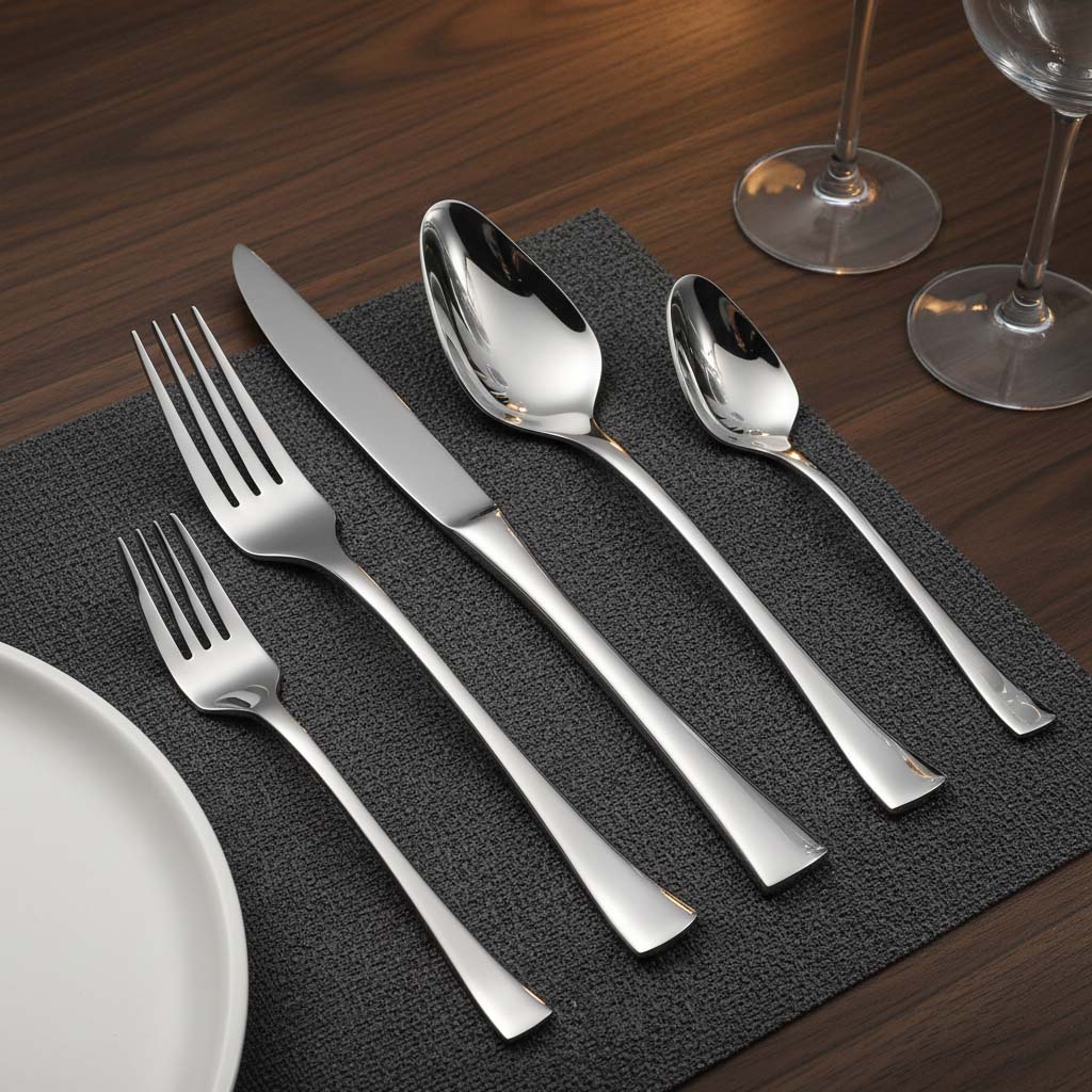 High shine mirror polished fork knife spoon set detail