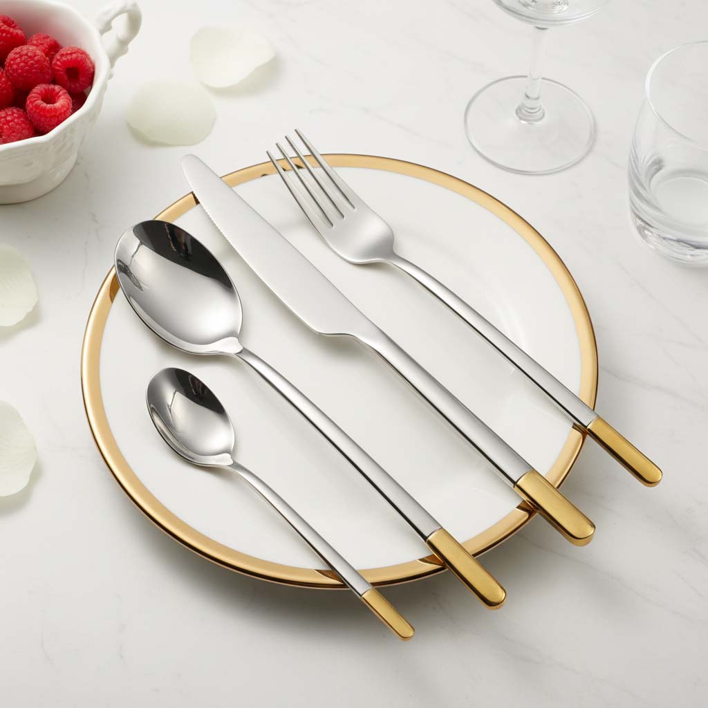 Gold accent handle detail on 18/8 stainless steel flatware