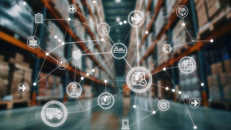 A warehouse with empty shelves on one side and fully stocked shelves on the other, symbolizing the impact of a reliable supply chain