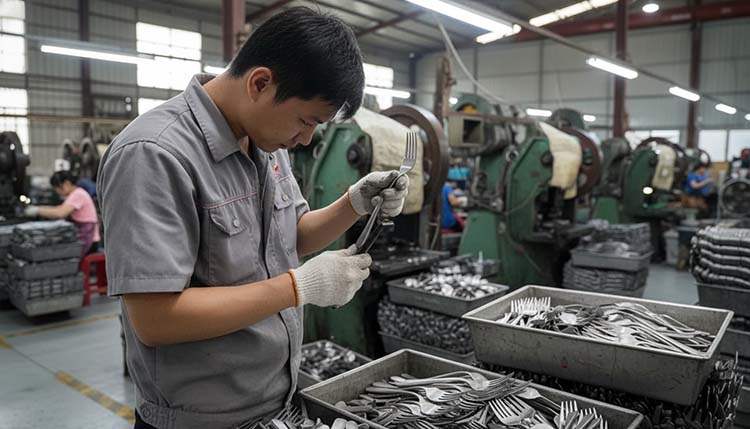 An inspector at a light table comparing several spoons from a production run for surface finish consistency