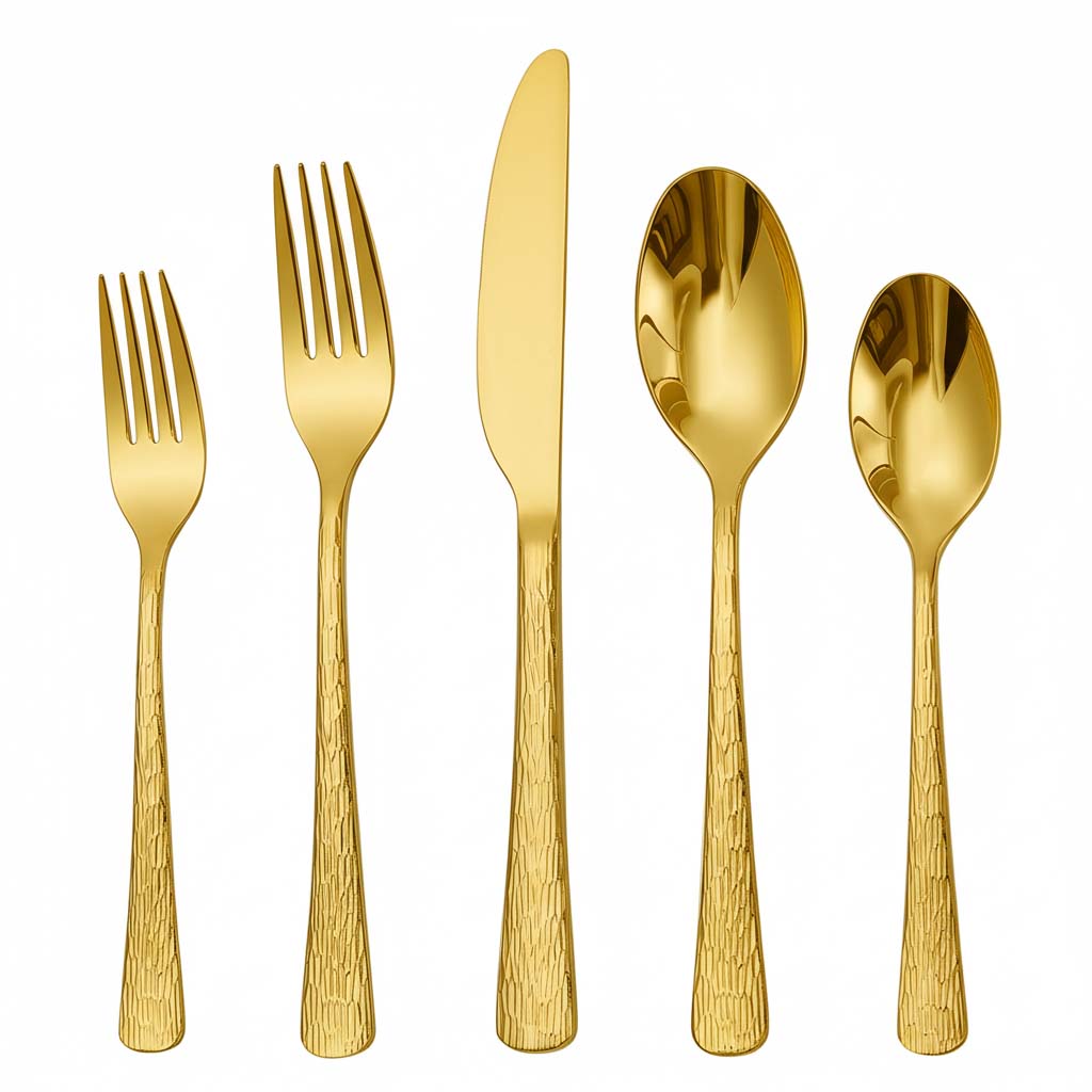 Hammered stainless steel golden silverware set for bulk B2B supply