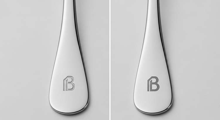 A side-by-side comparison of a deep-engraved logo with texture and a smooth, dark annealed logo on steel