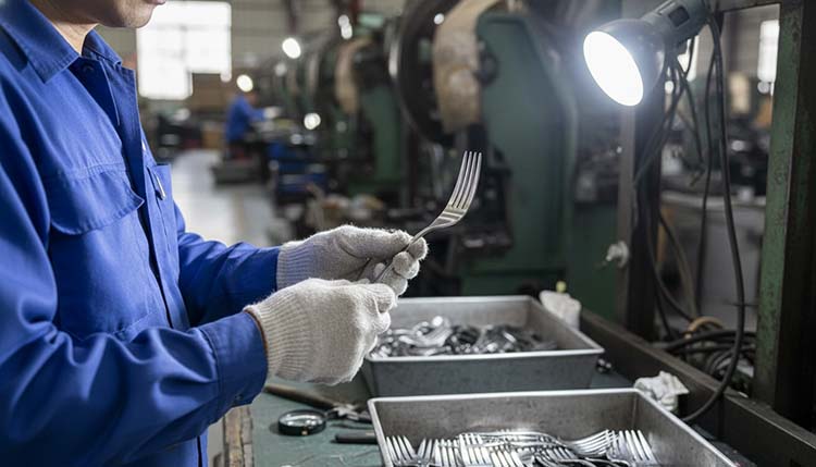 A panoramic view of a clean, modern flatware factory floor with workers at different production stages
