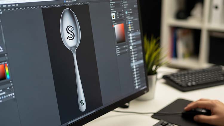 A designer on a computer screen, adjusting a vector logo and positioning it on a template of a fork handle
