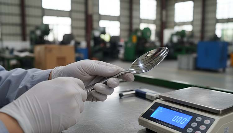 An inspector running their finger along the edge of a fork to check for sharpness, with a digital scale nearby