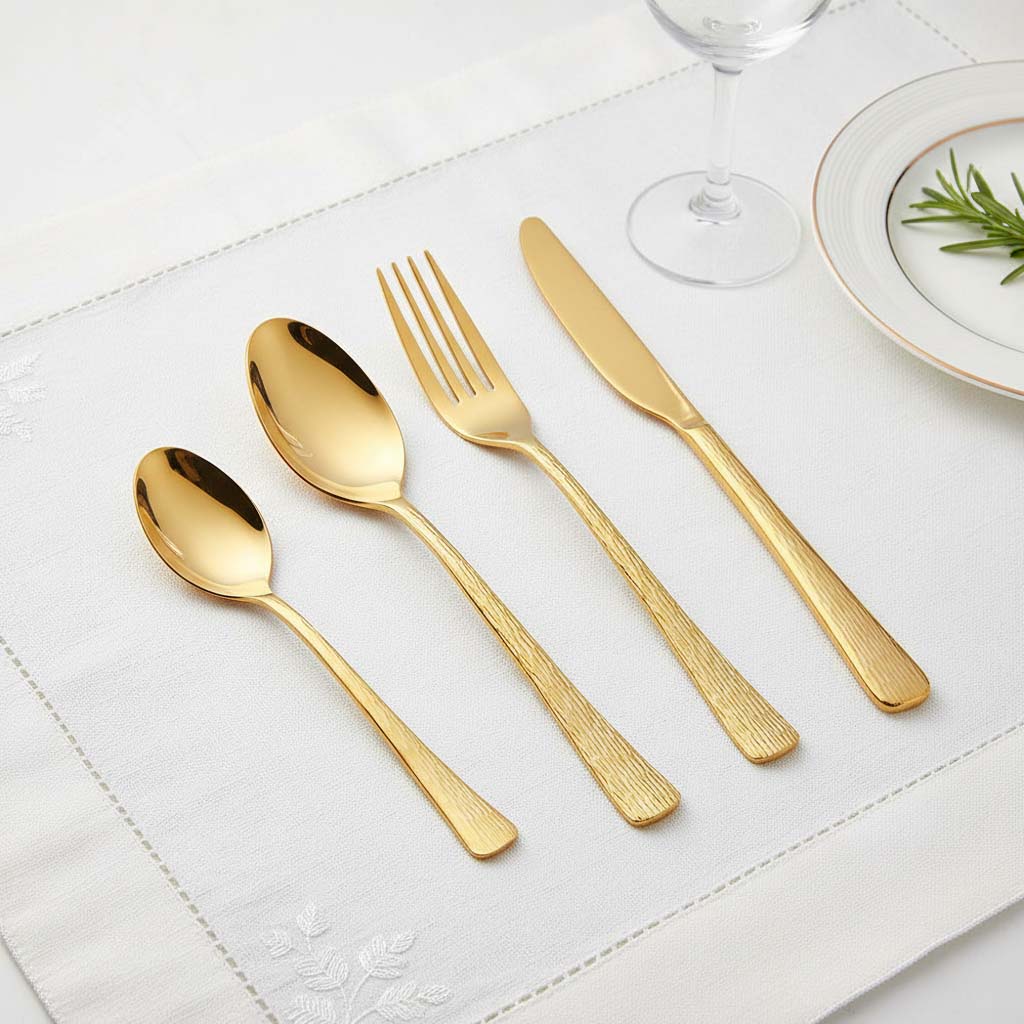Textured hammered mirror finish with gold coating on stainless steel silverware set