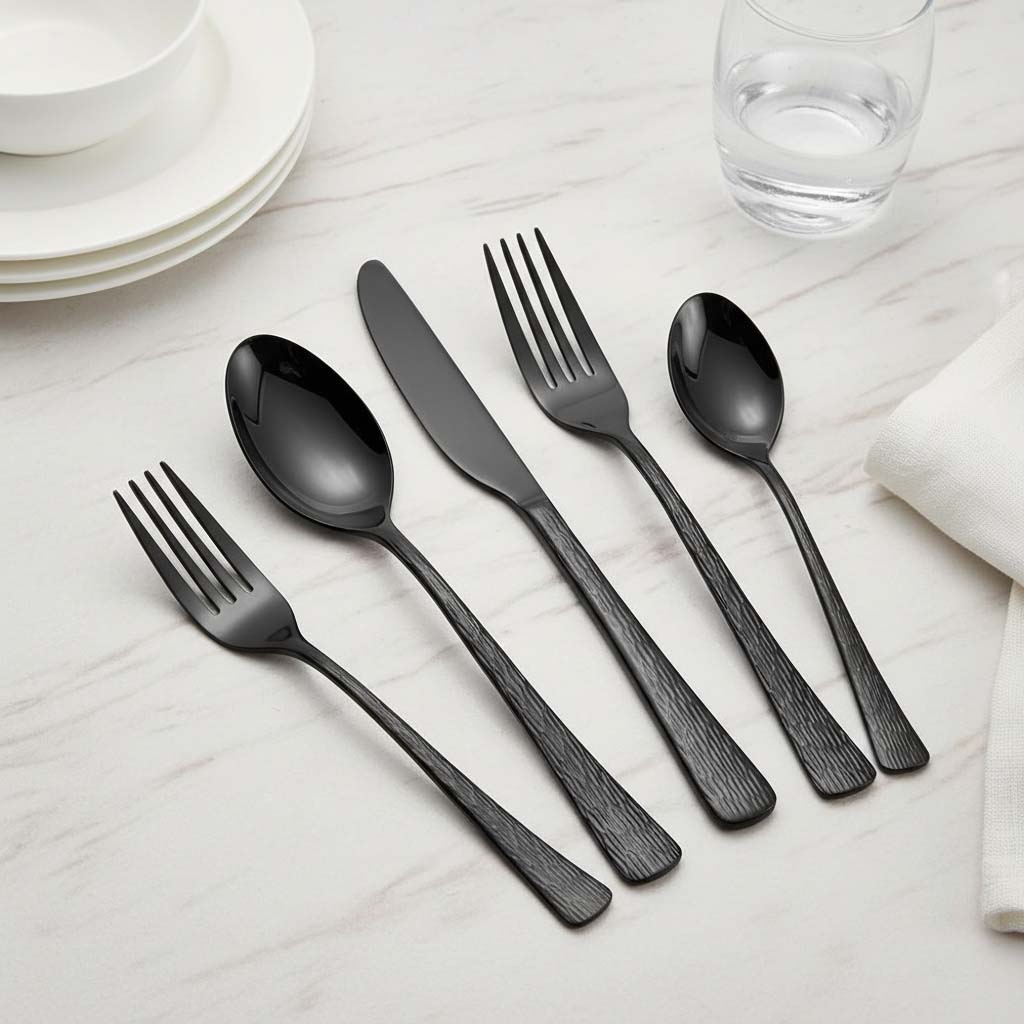 Black finish detail on modern stainless steel spoon fork knife set