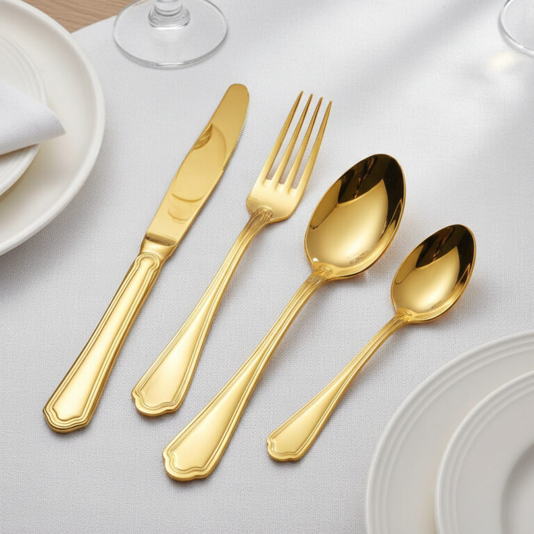 Gold finish detail on stainless steel knife and fork set