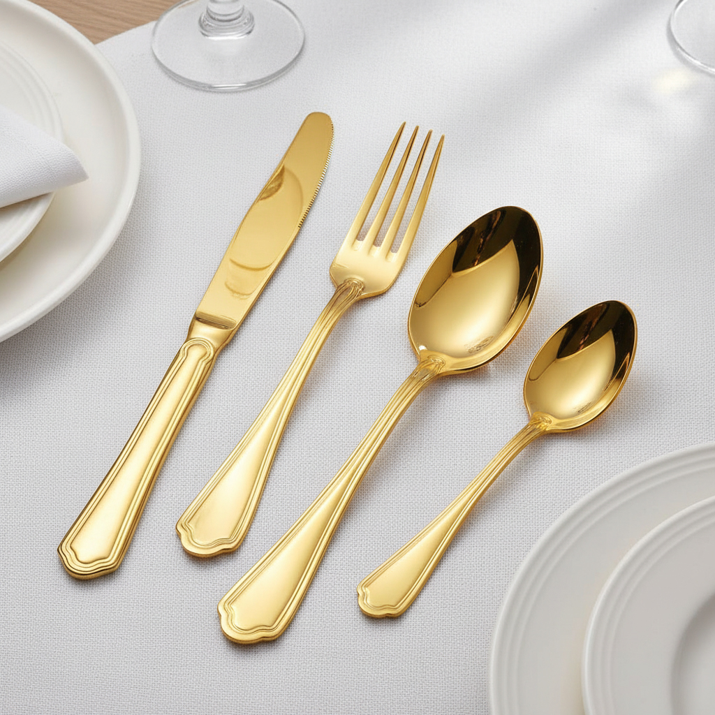 Gold finish detail on stainless steel knife and fork set
