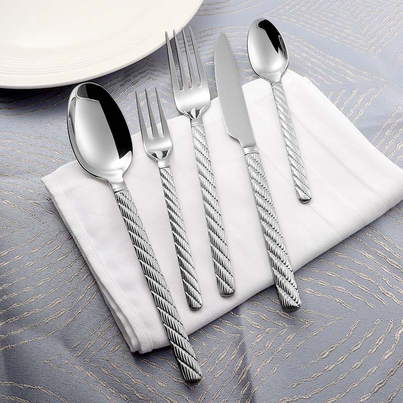 Twist handle hammered texture detail on stainless steel spoon fork knife set