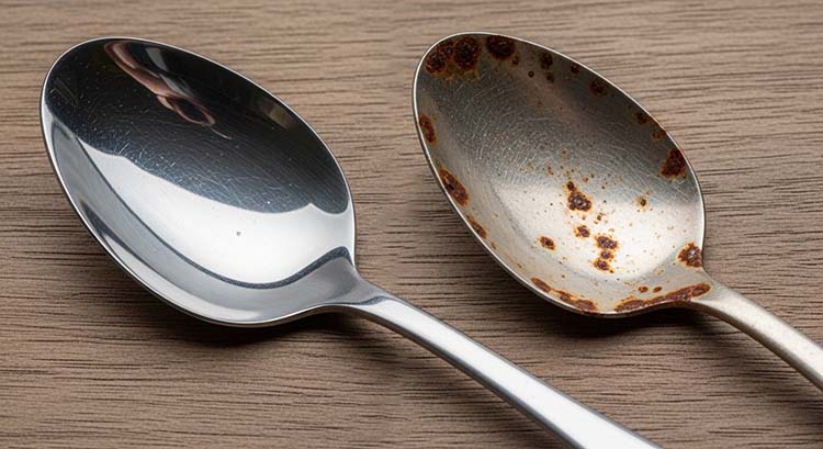 Stainless Steel Grade Comparison A side-by-side comparison of two spoons, one shiny and rust-free (18/10) and one with minor rust spots (18/0)