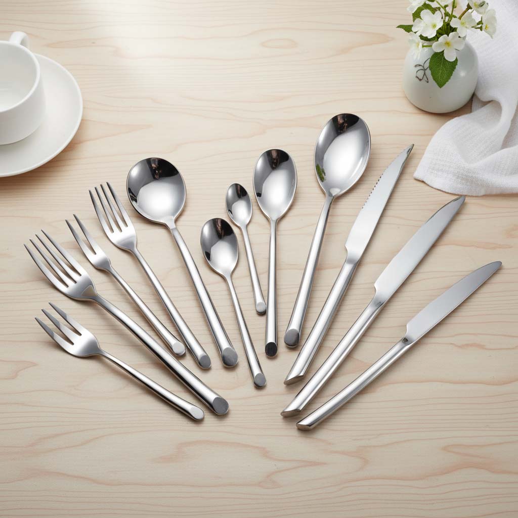 Round cylinder handle detail on stainless steel spoon fork knife set