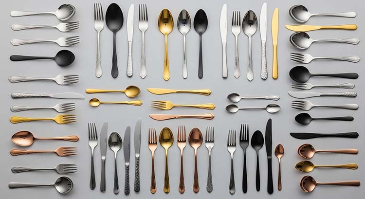 Bulk Stainless Steel Flatware A large collection of neatly arranged stainless steel flatware, showcasing different styles and finishes