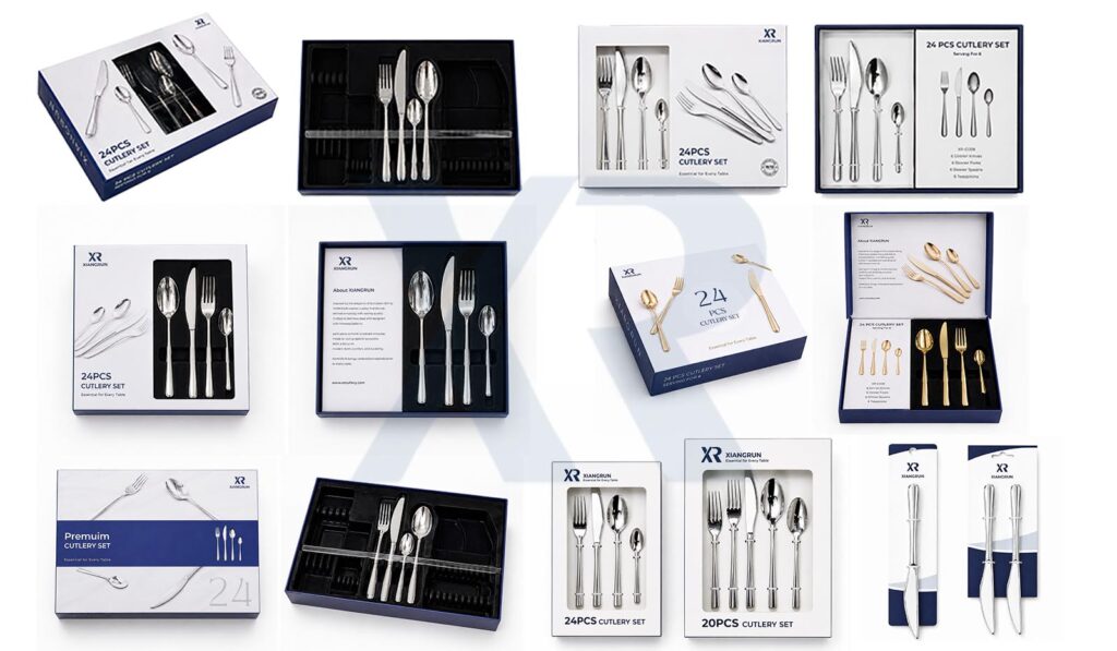 Custom Packaging and Design for Different Markets A collection of different flatware packaging options like window boxes and tie cards