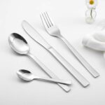 Brushed handle and mirror finish fork knife spoon detail on stainless steel flatware