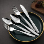 High shine mirror polished stainless steel fork knife spoon set detail