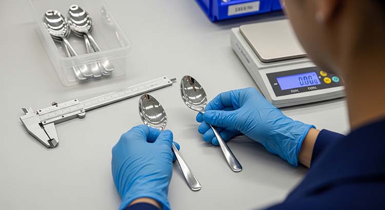 A quality control inspector comparing a new spoon to a master sample