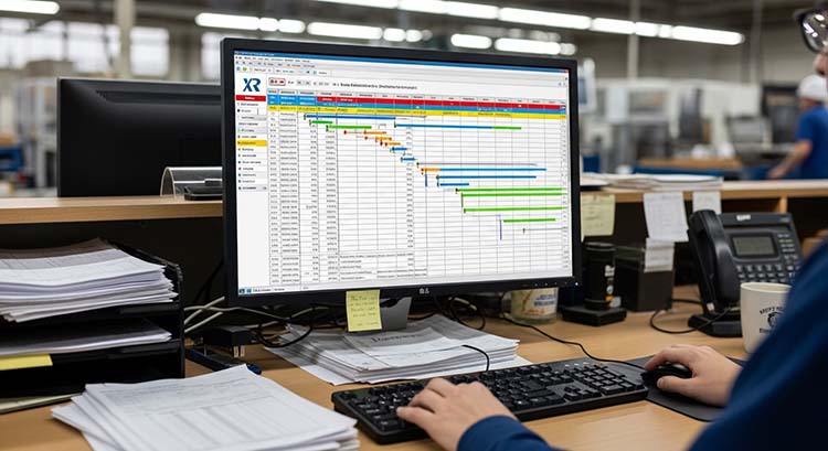 A factory production schedule displayed on a large screen