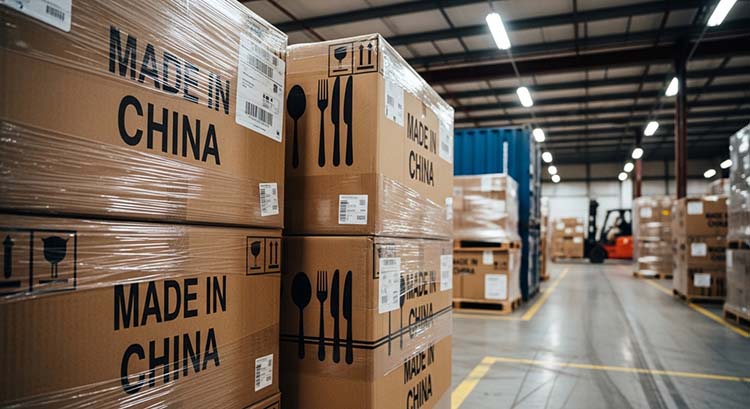 A "Made in China" label next to a European flatware brand's logo