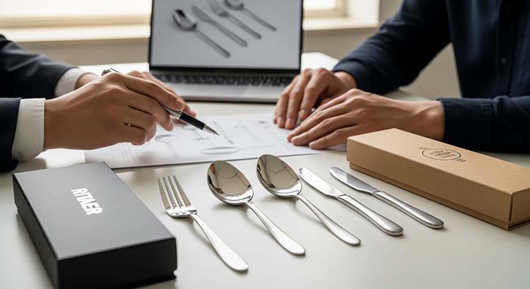 A designer reviewing custom cutlery blueprints with a factory manager