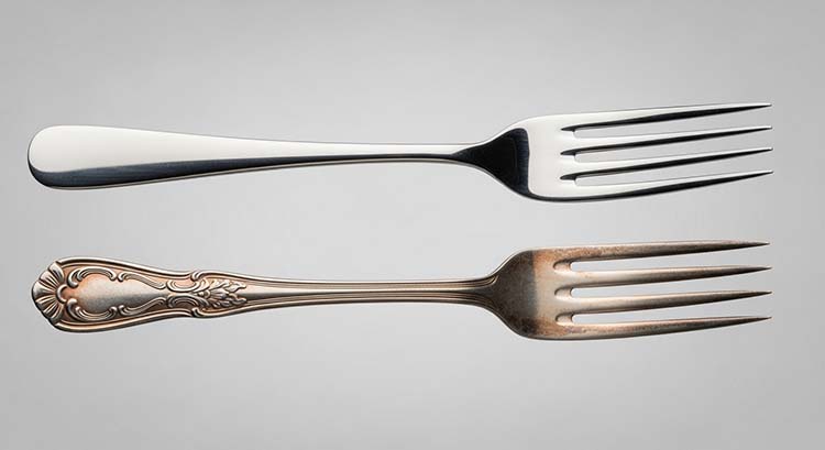 A side-by-side comparison of a shiny, modern stainless steel fork and a tarnished, traditional silver-plated fork