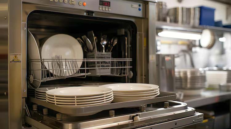 A simple image of stainless steel flatware being loaded into a dishwasher, next to a hand-polishing cloth for silver