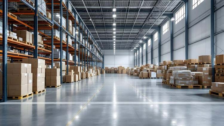 A business owner looking confidently at their warehouse of consistent inventory