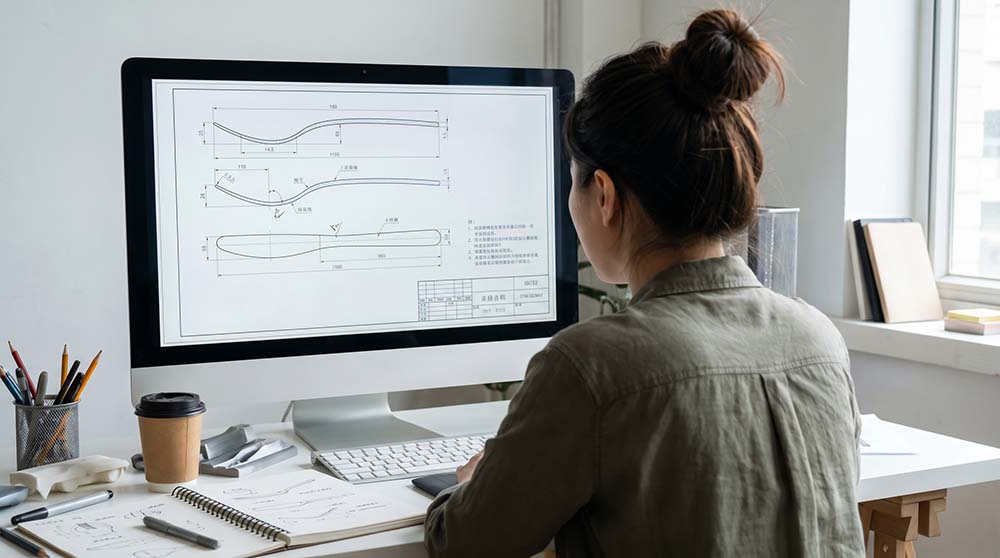 Cutlery Design Engineering An engineer reviewing cutlery design blueprints on a computer