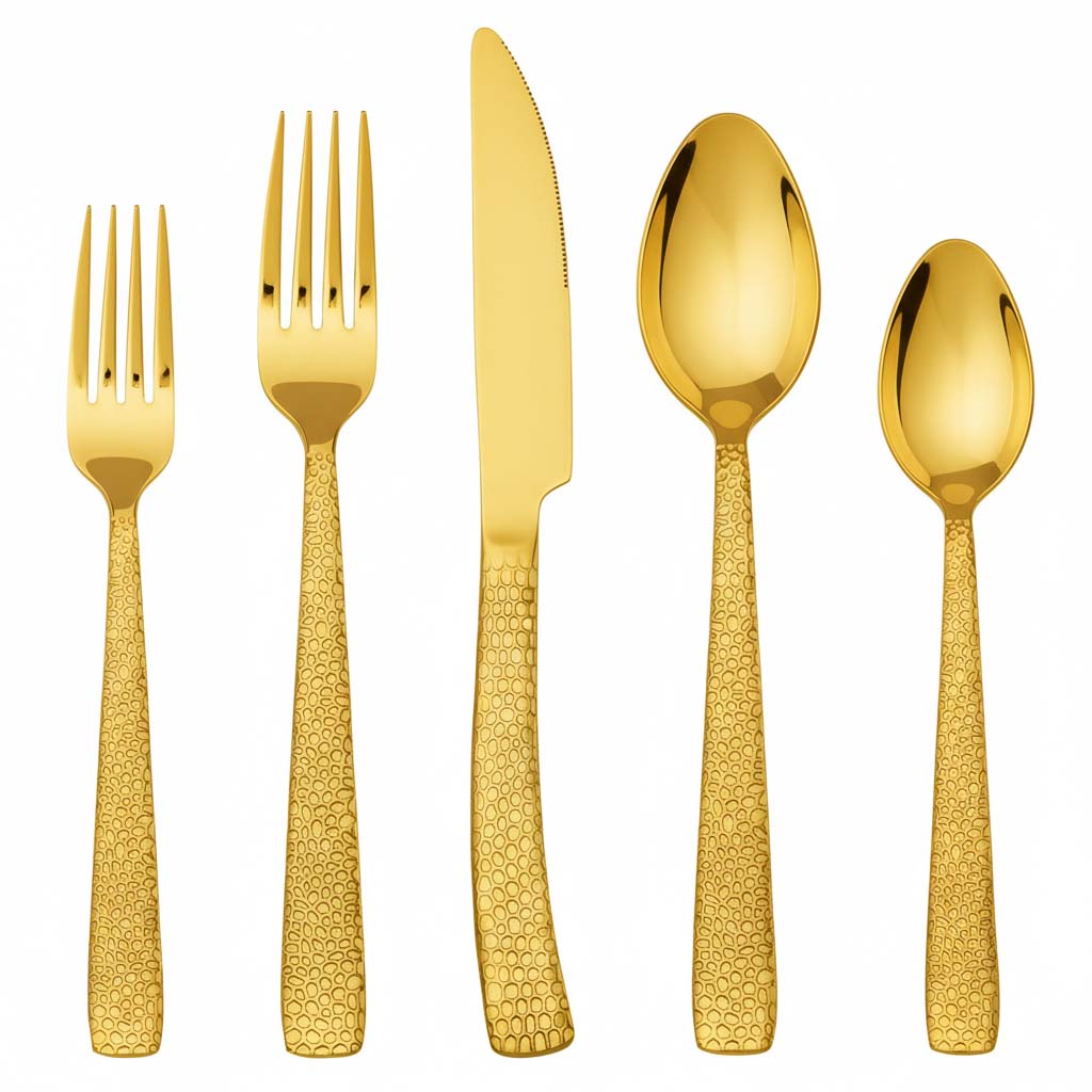 Hammered gold stainless steel cutlery set with gold forks and spoons
