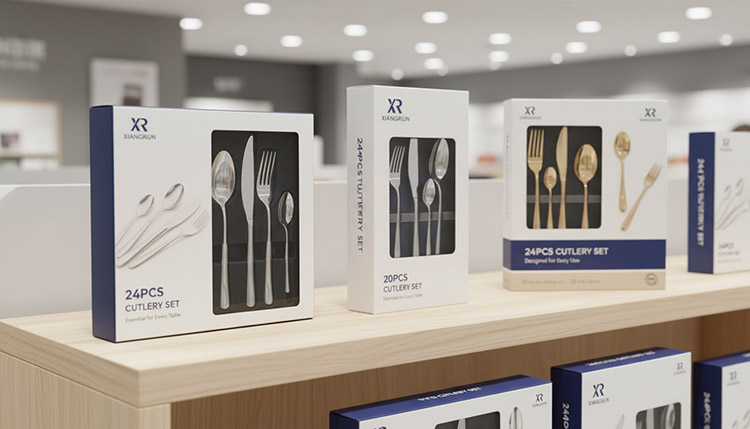 XR Cutlery OEM/ODM Branding and Packaging Solutions A collection of flatware with custom logos and various branded packaging options
