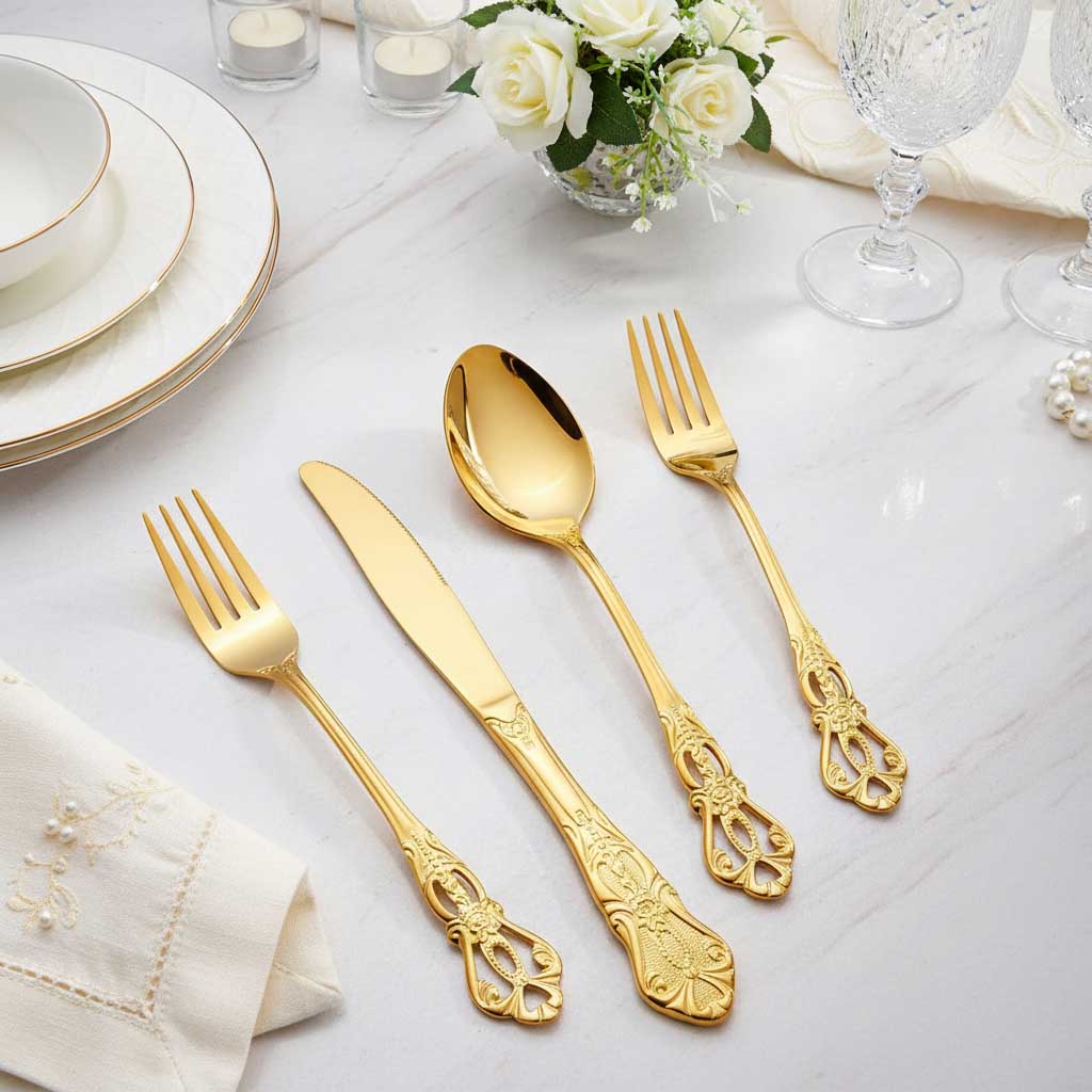 Luxury stainless steel gold engraved cutlery set