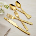 Textured hammered finish gold stainless steel spoon and fork set