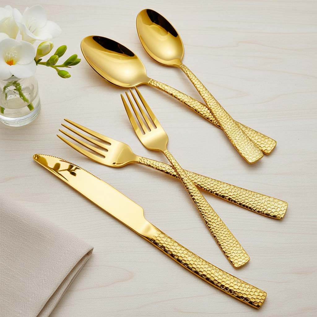Textured hammered finish gold stainless steel spoon and fork set