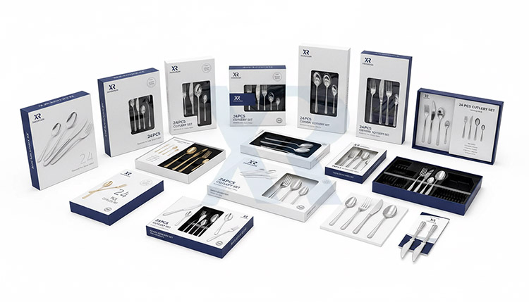 Custom Packaging for Brand Appeal and Logistics A display of various custom flatware packaging, from retail boxes to gift sets
