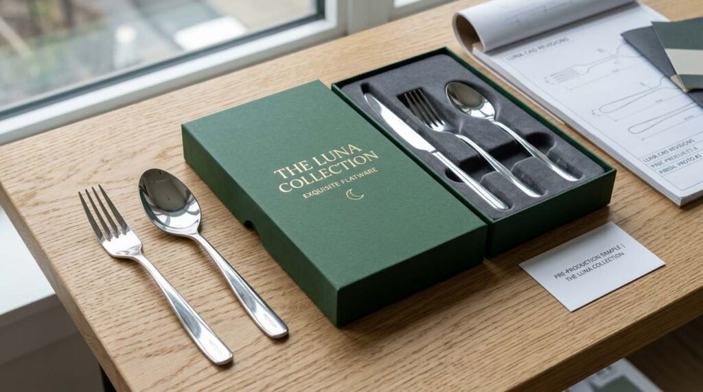Flatware Branding and Packaging An example of a pre-production sample next to its custom gift box packaging