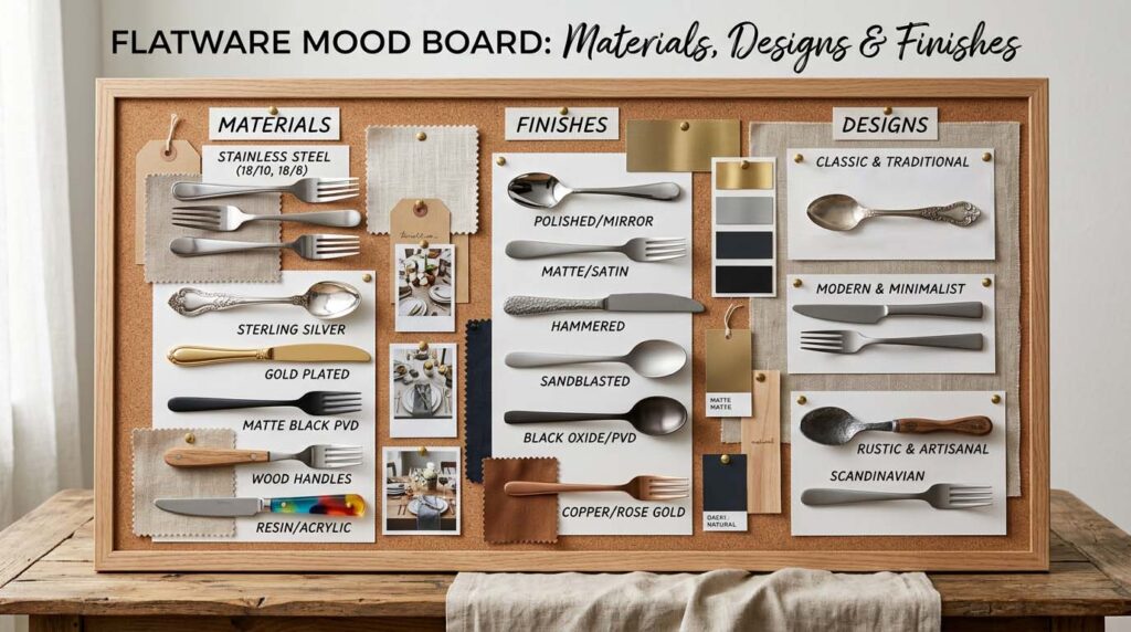 Developing Your Private Label Flatware A mood board showing different flatware materials, designs, and finishes