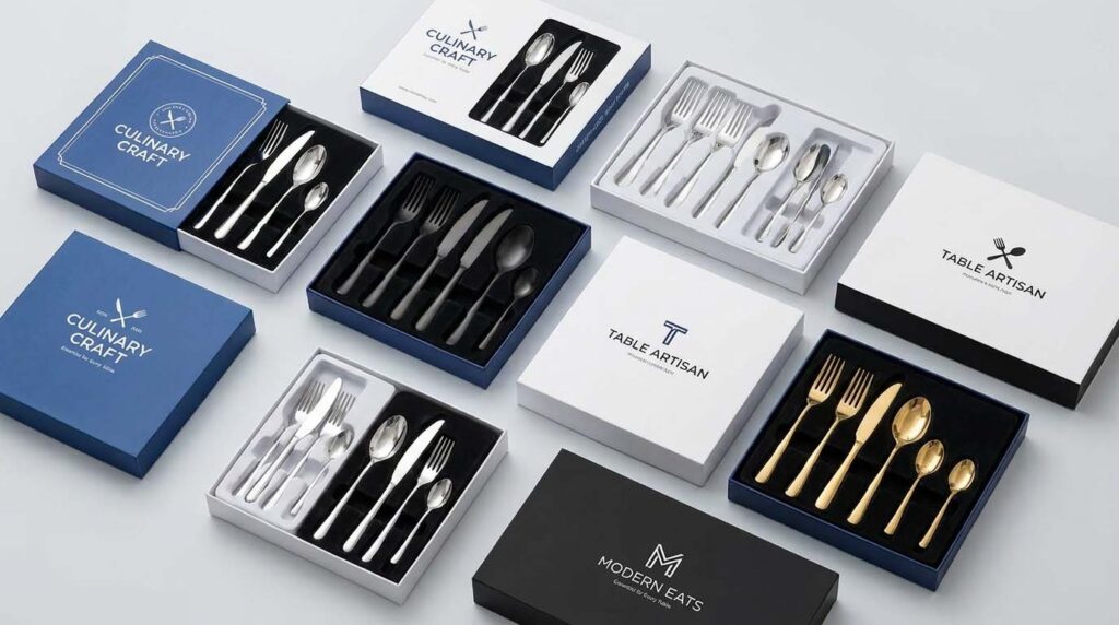 Private Label Flatware Manufacturing A collection of private label flatware sets with custom logos and packaging