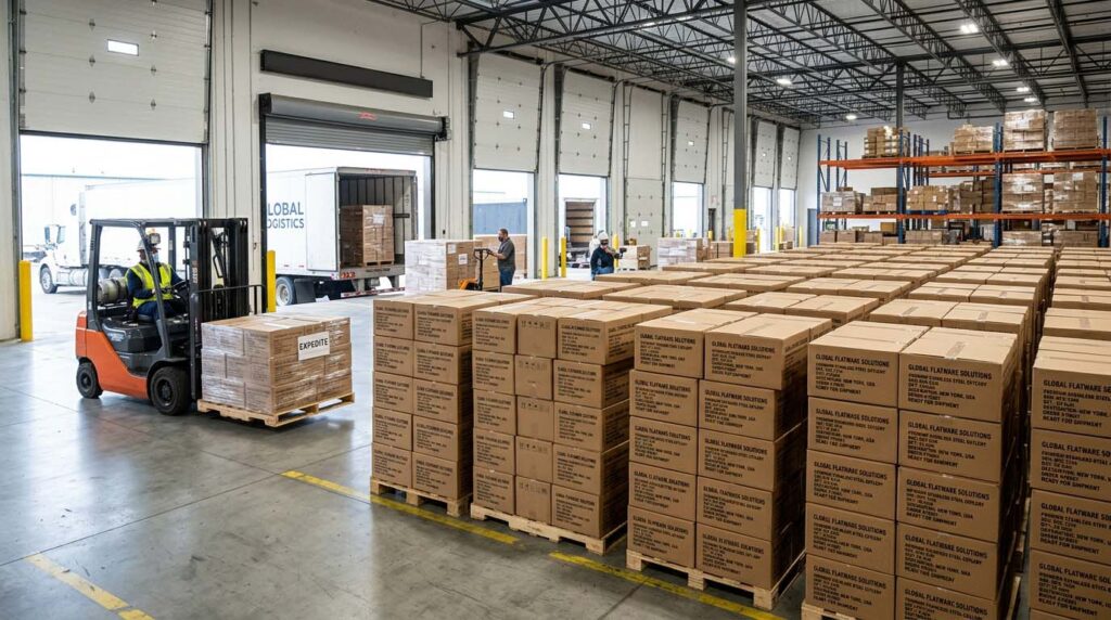 Reliable Flatware Supply Chain A warehouse with neatly stacked boxes of flatware ready for shipment, showing supply chain reliability