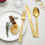 Textured hammered finish PVD gold spoon fork knife set