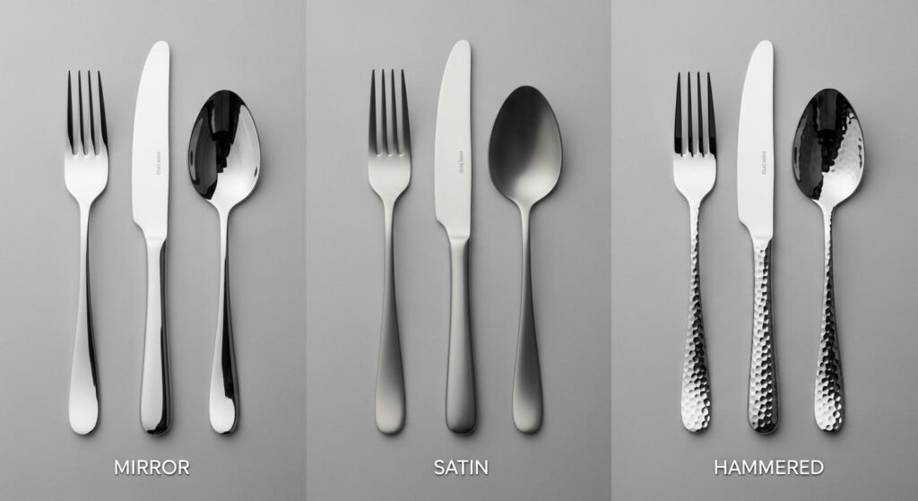 Different Types of Flatware Finishes A side-by-side comparison of mirror, satin, and hammered flatware finishes