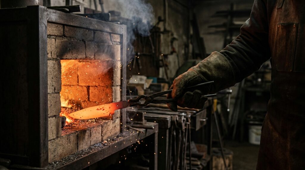 A glowing hot knife blank being moved from a furnace