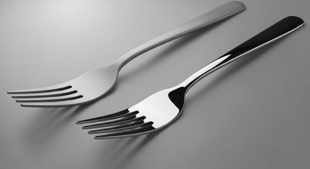 Matte vs Glossy Longevity Side-by-side comparison of a matte fork and a glossy fork, both with some light scratches