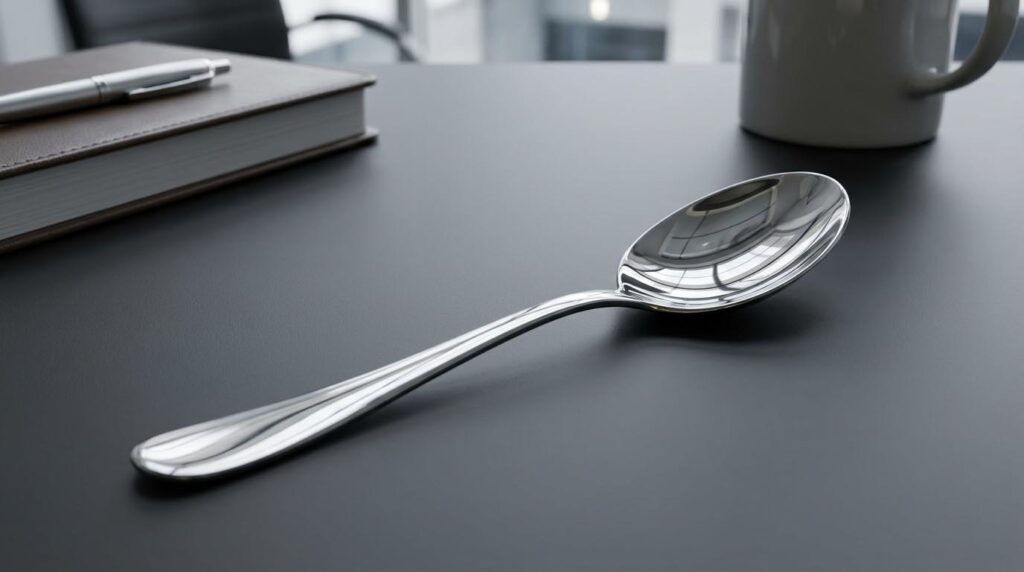 The Importance of Flatware Polishing A highly polished spoon reflecting light, showing its mirror-like finish